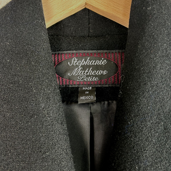 VTG Stephanie Mathews Womens Black 100% Wool Over Coat Size 14 Petite Long Line - Picture 3 of 10